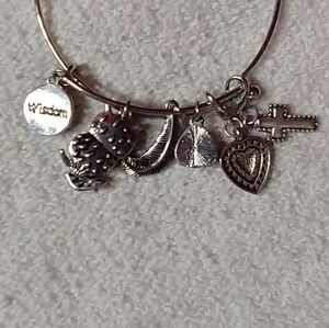 Silvertone wisdom owl feather leaf heart faux turquoise cross wire charm bracele